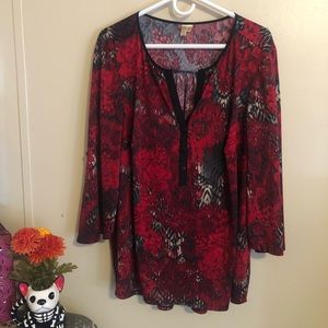 Chenault Red/Black Abstract Floral/Animal Print Long Sleeve Top